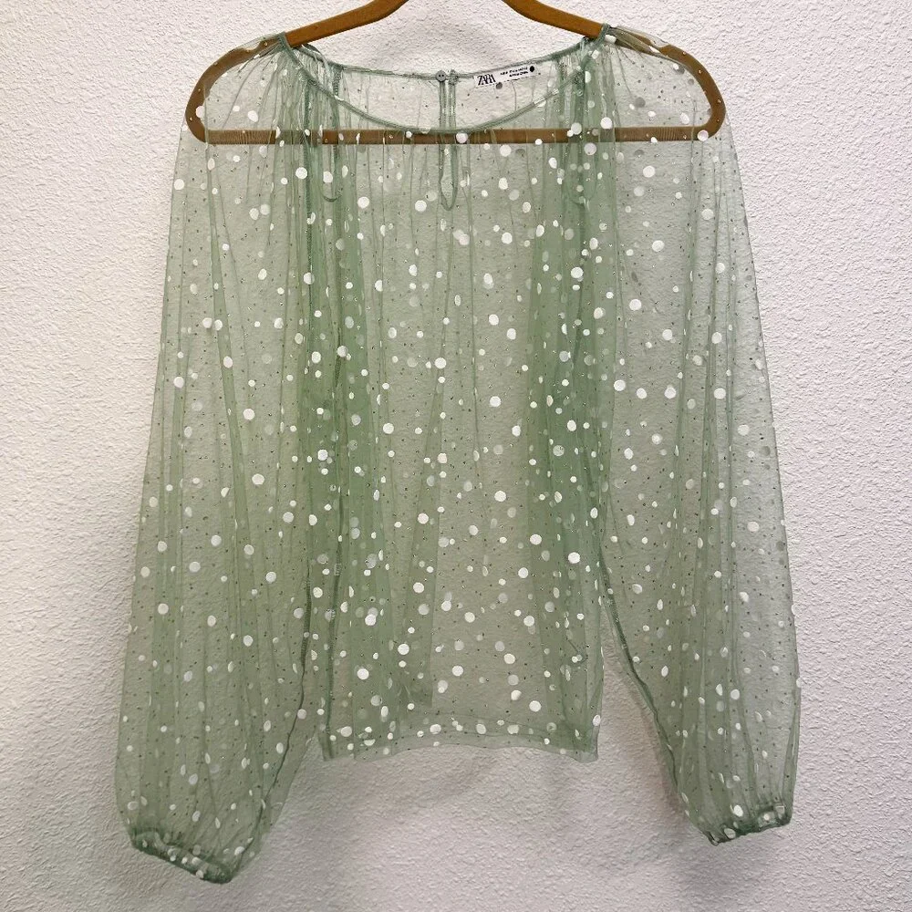 Zara Sheer Puff Sleeve Green with White Dot Pullover Blouse Women's Medium